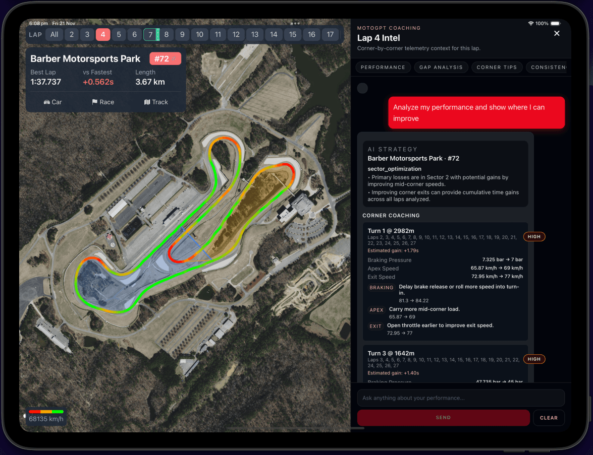 MotoGPT tablet app showing driver coaching